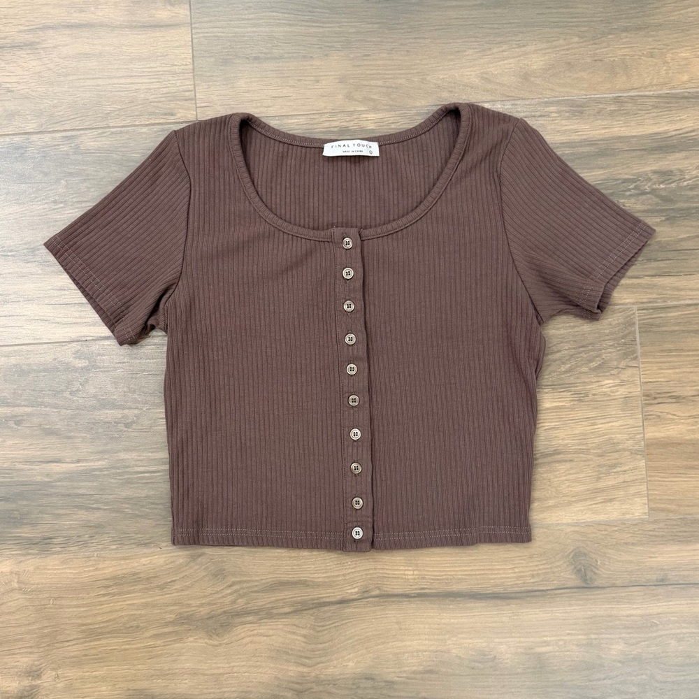 Final Touch Brown Ribbed Button-Up Crop Top